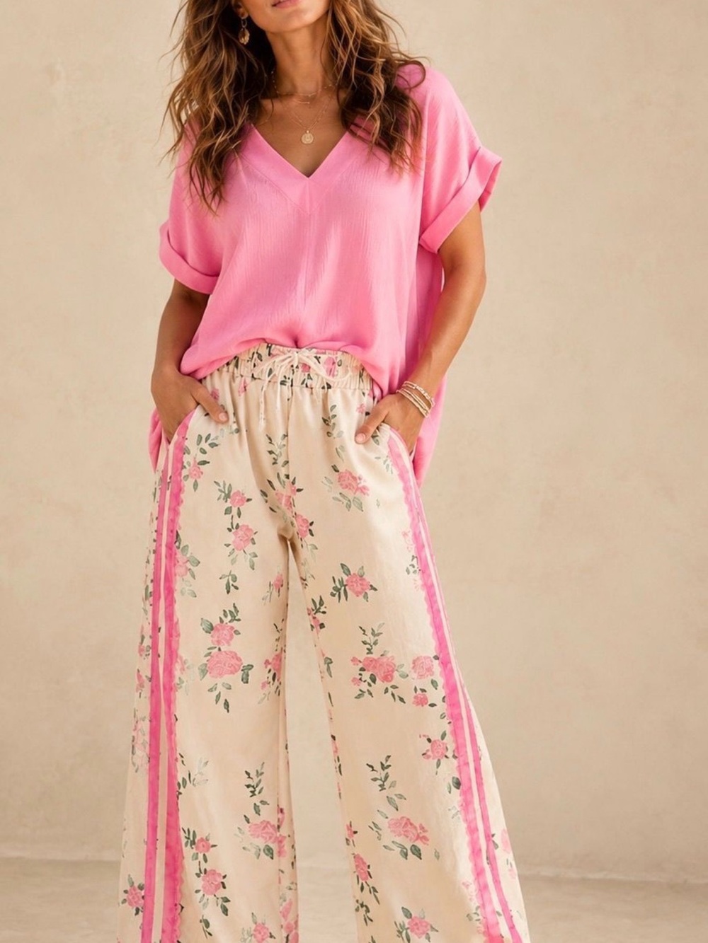 BiBi Cream Wide-Leg Floral Pants with Pink Stripes